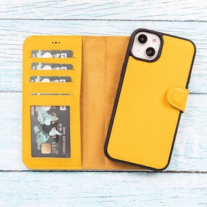 Vollnarbenleder Personalisierte iPhone 14 Bifold Brieftasche, Beste Handyhülle für iPhone 14 6.1 ", Abdeckung unterstützt kabelloses Laden