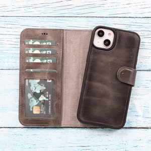 Custodia a portafoglio con blocco RFID per iPhone 14, portafoglio bifold personalizzato, cover posteriore magnetica staccabile che supporta la ricarica wireless MagSafe
