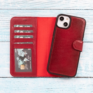 Handmade iPhone 14 Plus Leather RFID Blocker Wallet, iPhone 14 Plus 6.7&quot; Case, Perfect Phone Cover Supports Wireless and MagSafe Charging