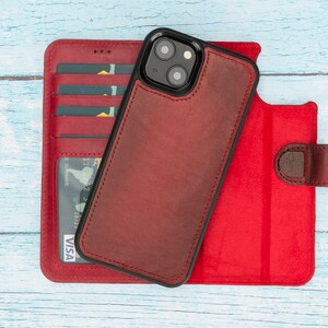 Carteira de couro destacável magnética para iPhone 13 de 6,1 polegadas, presente para ele, presente de casamento, presente feito à mão personalizado, carteira protetora com bloqueador Rfid