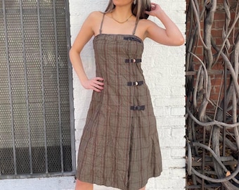 Y2k Triple Five Soul Braun kariertes Midikleid mit Schnallenträgern Sz xs Grunge Babydoll Irish Goth