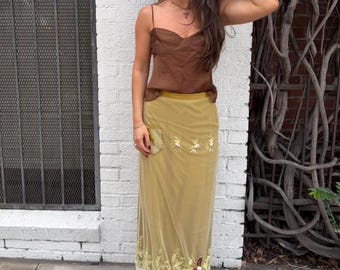 One of a kind : Vintage Y2K Gelber Maxi-Rock mit goldener Blumen-Stickerei und Spitze unten, passend für Gr. S-M #fairycore #boho #coquette #mermaidco
