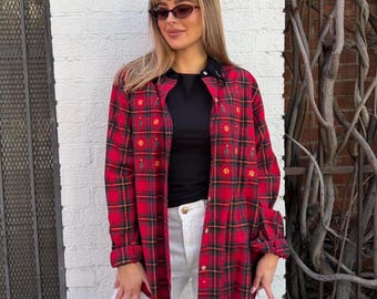 Vintage Bobbie brooks Red plaid holiday Christmas button up shirt w/ embroidery flannel retro