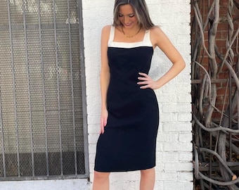 Vtg Ann Taylor schwarz-weißes klassisches Business Midikleid mit eckigem Ausschnitt Gr. 4
