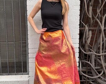Vtg Orange red gradient metalic midi skirt cover with gold trim sz s/m  #festivalvibes #boho #goddess #artisan