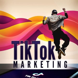 May include: A graphic design with a person jumping in the air with their arms raised. The background is a colorful abstract design with a wave pattern. The text "TikTok Marketing" is in large, bold letters. Below the text is a smartphone with the TikTok logo on the screen. The text "How to leverage the TikTok platform for profits" is below the smartphone.