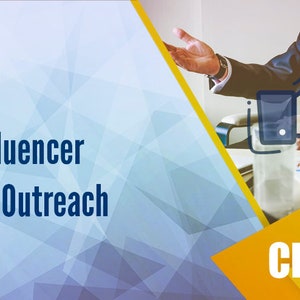 May include: A blue and yellow graphic with the text "Influencer Page Outreach" and "Chapter 5". A businessman in a suit with a red tie is giving a thumbs up.