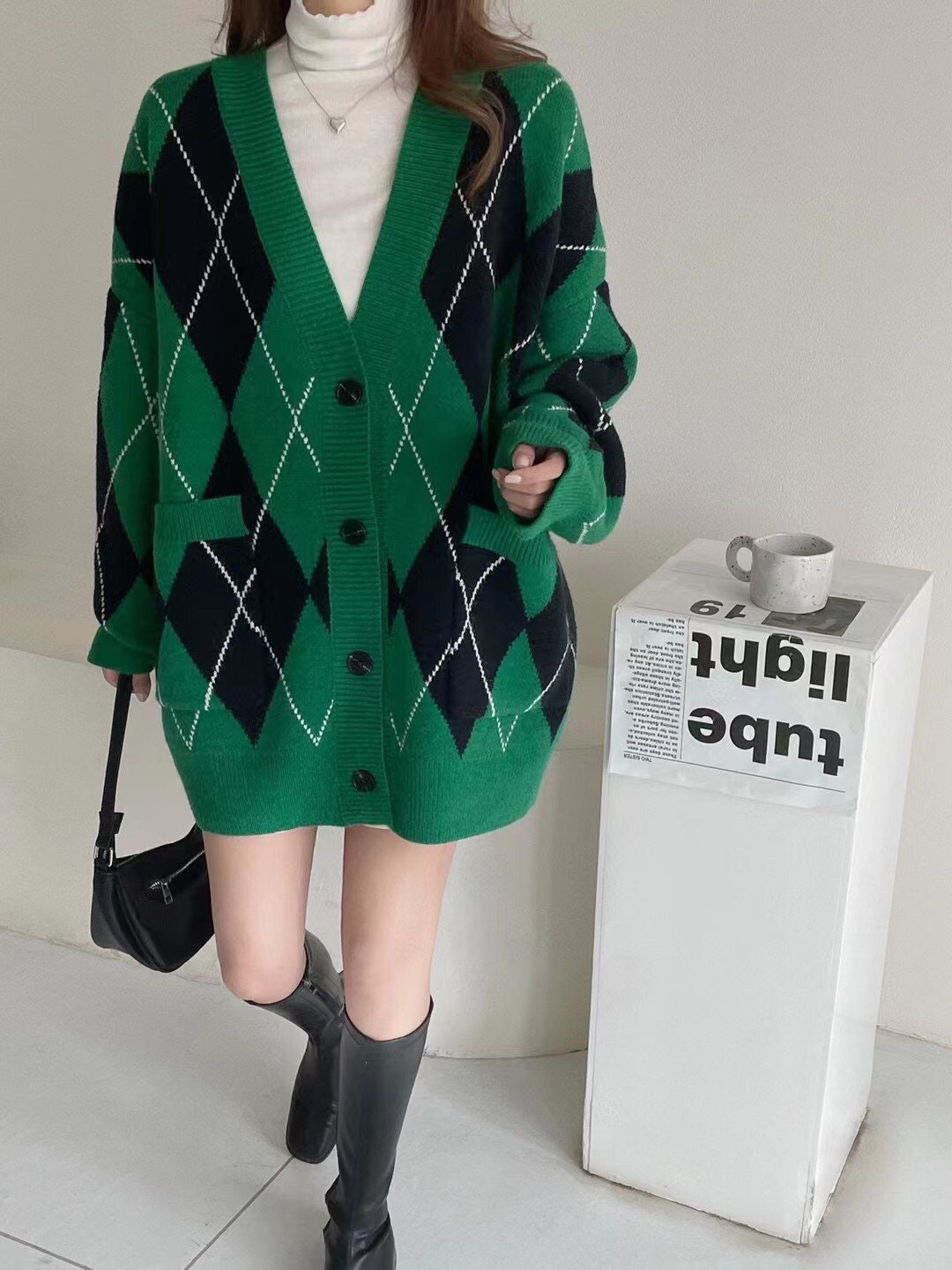 Argyle Pattern Cardigan / Preppy Style 