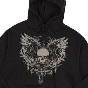 Vintage Y2K Afflictions Style Skull Hoodie, Grunge shirt, Punk Menswear Skull Cross Y2K Goth Hoodie, Alt Grunge Gothic Emo Aesthetic Wings