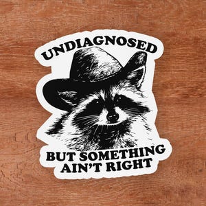 May include: A black and white sticker featuring a raccoon wearing a cowboy hat. The text above the raccoon reads UNDIAGNOSED and the text below reads BUT SOMETHING AIN'T RIGHT. The design is printed on a white background with a die-cut border.