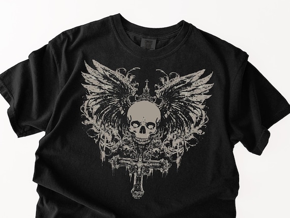 Vintage Y2K Afflictions Style Skull T-Shirt, Grunge shirt, Punk Menswear Skull Cross Y2K Goth shirt, Alt Grunge Gothic Emo Aesthetic Wings