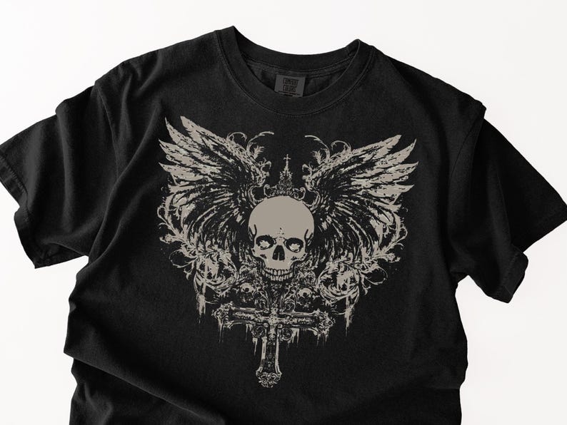 Vintage Y2K Afflictions Style Skull T-Shirt, Grunge shirt, Punk Menswear Skull Cross Y2K Goth shirt, Alt Grunge Gothic Emo Aesthetic Wings image 1