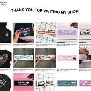 May include: A digital shop storefront display featuring a collection of apparel and bumper stickers. Items include black hoodies and t-shirts with graphic prints, and rectangular bumper stickers with various text slogans and illustrations.