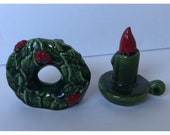 Vintage Christmas Noel Candle and Wreath with holly berries salt pepper shakers