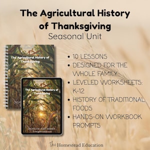 Pode incluir: Um recurso educacional intitulado "The Agricultural History of Thanksgiving". A imagem mostra um livro com espiral e um tablet exibindo a capa, com uma cena de campo de milho. O texto destaca 10 lições, design familiar, planilhas e história dos alimentos.