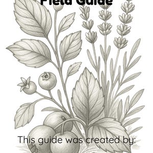 May include: A black and white illustration of a plant foraging field guide. The cover features detailed pencil drawings of various plants, including berries, leaves, and lavender. Text at the top reads "Plant Foraging Field Guide". The guide was created by The Homestead Education.