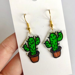 Cactus Earrings, Gifts for Her, Valentines Day, Girlfriend, Shrinky Dink Shrink Art, Shrinky Dink Earrings