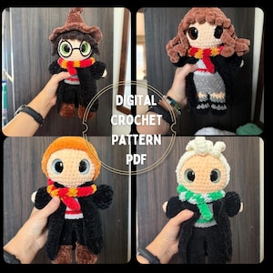 May include: Four crochet dolls featuring characters with large black eyes, wearing black robes and scarves in various colours. The dolls have distinct hair styles and colours including brown, orange, and white. Text reads DIGITAL CROCHET PATTERN PDF.