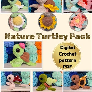 Puede incluir: Una colección de peluches de tortugas de ganchillo hechas a mano en varios colores, algunas con detalles de flores. La imagen incluye el texto "Nature Turtley Pack" y "Digital Crochet pattern PDF". Las tortugas se muestran sobre un fondo de hilo colorido.