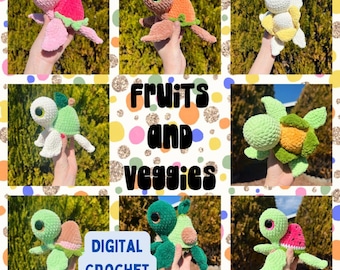 May include: Crochet pattern PDF for making amigurumi turtle toys with fruit and vegetable designs. The pattern includes a watermelon, strawberry, peach, lime, and orange.