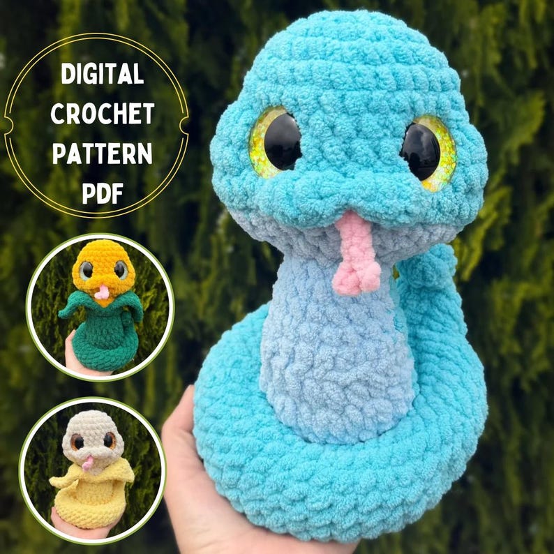 May include: A plush, turquoise crochet snake with large, yellow-rimmed eyes and a pink tongue. The image includes two smaller crochet figures of a corn cob and a chick. Text in the image reads "DIGITAL CROCHET PATTERN PDF."
