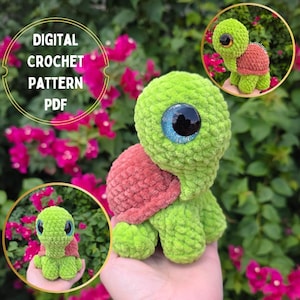 May include: A crocheted turtle with a green body, a red shell, and large blue eyes. The image includes the text "DIGITAL CROCHET PATTERN PDF" in a circular design. Additional smaller turtles are also shown.