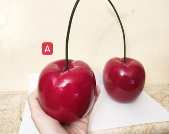 Giant painted cherry wood cherries (1 piece) - Cherry Pair Over Sized Statue 10.2" - Hand carved wood red cherries - Wooden Anniversary