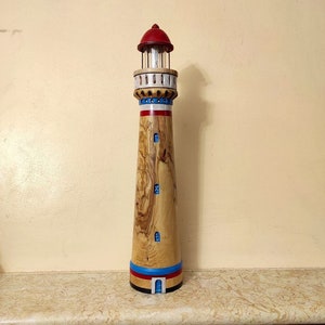 18.5&quot; Lighthouse in olive wood and led light - Decoration of house - Lighthouse Decor - Lighthouse lamp - Home decorations