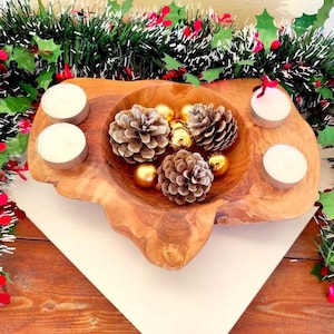 Advent wreath with candles - Carved wood - olivewood bowl - carved wood - Wooden Advent Wreath - rustic home decor