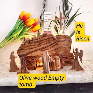 Wooden Sculpture Empty Tomb - Easter Nativity Scene - Tomb Resurraction - Christian Easter Decor - Easter Nativity - He is Risen - lit tomb