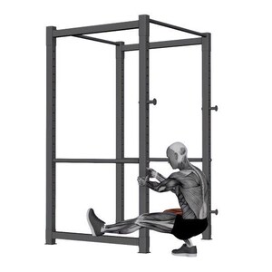 Op de afbeelding: Een grijze power rack voor gewichtheffen met een persoon die een zittende oefening uitvoert. De persoon draagt een zwarte korte broek en grijze schoenen. Het rek heeft verstelbare stangen en staat tegen een witte achtergrond.