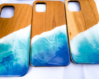 Wood and Resin iPhone Case, Ocean Wave Design