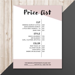 The Hair Dressing Price List Template
