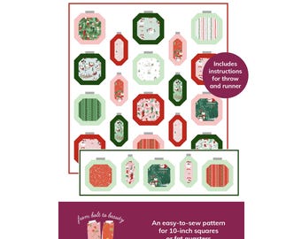 May include: A quilting pattern for a Christmas ornament collection. The pattern includes instructions for a throw and runner. The pattern is designed for 10-inch squares or fat quarters. The text on the pattern reads "Ornament Collection" and "from bolt to beauty BY MICHELLE CAIN".