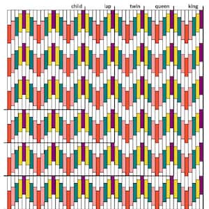 May include: A vibrant geometric design with columns labelled "child", "lap", "twin", "queen", and "king". The pattern uses a chevron design in white, teal, yellow, pink, orange, and purple. The design is suitable for bedding.