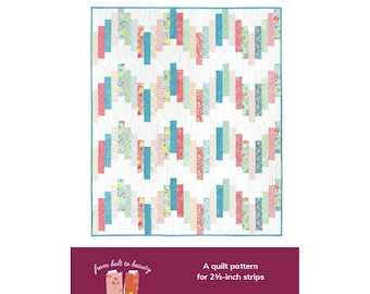 May include: A colorful quilt with a white background and vertical stripes in shades of red, blue, and green. The quilt pattern is designed for 2.5-inch strips. The text at the top reads "Ridiculously Easy Jelly Roll Quilt". The pattern is available in child, lap, twin, queen, and king sizes.