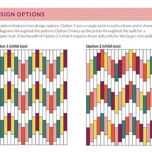 May include: Diagrams showing quilt design options. Option 1 uses a single print per column, and Option 2 mixes prints. Both are child-size. The designs feature rectangular blocks in colours like teal, coral, yellow, and burgundy, separated by white lines.