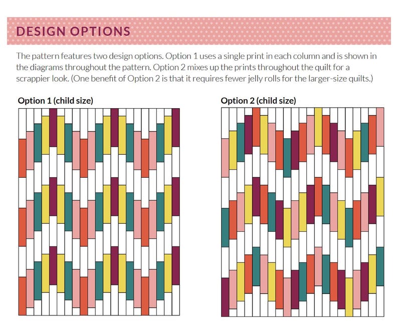 May include: Diagrams showing quilt design options. Option 1 uses a single print per column, and Option 2 mixes prints. Both are child-size. The designs feature rectangular blocks in colours like teal, coral, yellow, and burgundy, separated by white lines.