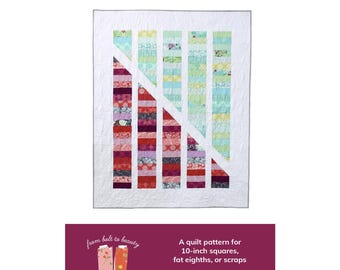May include: A quilt pattern for a Warm and Cool Coin Quilt, featuring a diagonal design with strips of fabric in red, pink, purple, green, and blue. The pattern is for 10-inch squares, fat eighths, or scraps. The quilt can be made in baby, lap, or twin sizes. The pattern is by Michelle Cain.