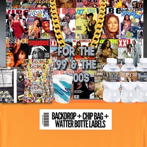 Op de afbeelding: Een feestbackdrop met een collage van tijdschriftcovers uit de jaren 90 en begin 2000. De backdrop is op een oranje tafel opgezet met een zak chips, een beker en drie waterflessen met labels die zeggen "For the 99 & the 2000s", "Live Me 2 Pull" en "2000's".