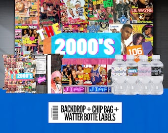 Bundel feestdecoratie jaren 2000: achtergrond, waterflesetiketten (digitale download)