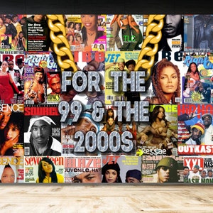 Op de afbeelding: Een collage van tijdschriftcovers uit de late jaren 90 en vroege jaren 2000 met hiphop-artiesten en muzikanten. De tekst "FOR THE 99 & THE 2000S" staat in het midden van de collage.