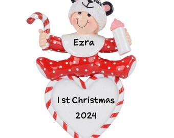 Personalized Baby's First Christmas Ornament 2025 - Baby in Red Polka Dot Pajamas with Heart and Candy Cane, Custom Keepsake for Newborns