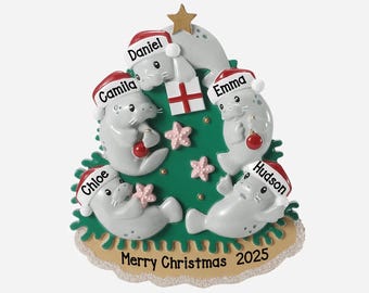 Op de afbeelding: Een kerstboomornament met vijf grijze zeehonden met kerstmutsen, elk met een naam: Daniel, Camila, Emma, Chloe en Hudson. Het ornament heeft een groene boomvorm, roze stervormige decoraties en de tekst "Merry Christmas 2025".