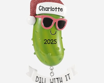Personalized Pickle Ornament 2025 – Funny Christmas Ornament “Dill With It” – Custom Name & Year, Cute Pickle Decor, Holiday Keepsake