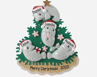 Op de afbeelding: Een kerstboomversiering met vier grijze zeekoeien met kerstmutsen, elk met een naam: Daniel, Camila, Chloe en Hudson. De versiering bevat de tekst "Merry Christmas 2025" en ster- en bloemaccenten.