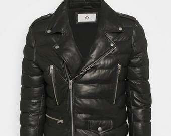 Leather Jacket /  Leather Puffer Jacket / Black Puffer jacket / Men's Puffer Jacket