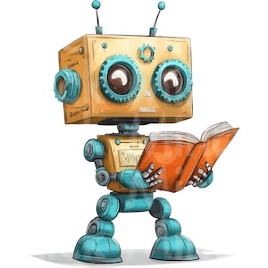 May include: Illustration of a friendly robot reading a book. The robot has a yellow head and body with blue accents, including gears and circular eye details. The book is open, with orange pages, and the robot's hands are holding it.