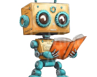 Robot Reading a Book - Cute Sublimation PNG, Tech and Learning Design for T-Shirts, Mugs, Kids&#39; Gifts, STEM Decor