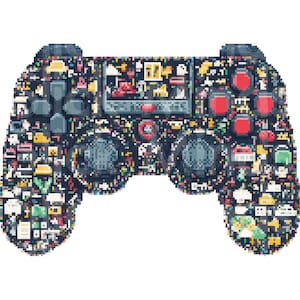 May include: A black video game controller with colorful pixelated designs all over it. The controller has buttons, a directional pad, and two joysticks.